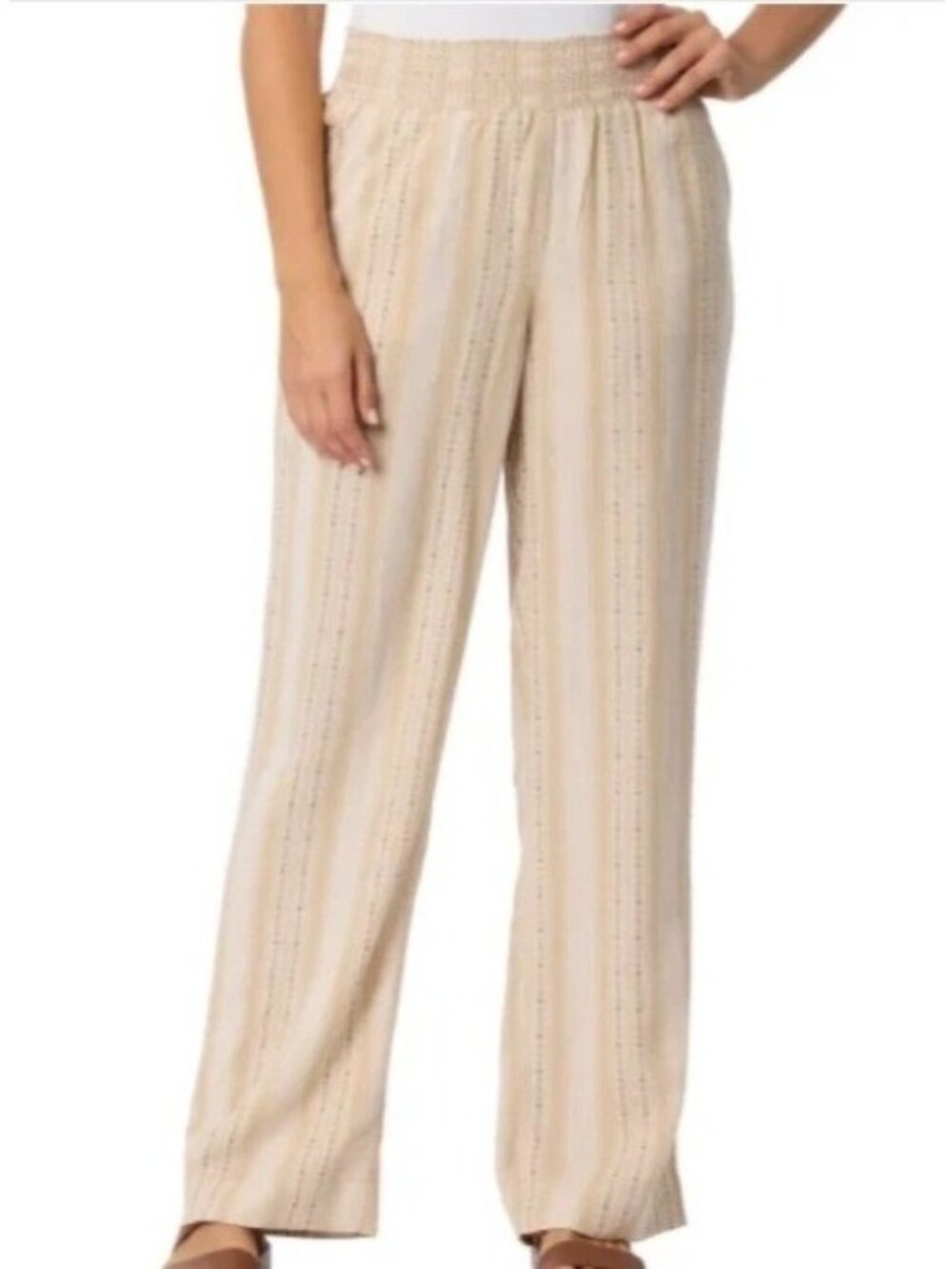 NWT Briggs Women's M Tan Striped Linen Blend Wide Leg Pants